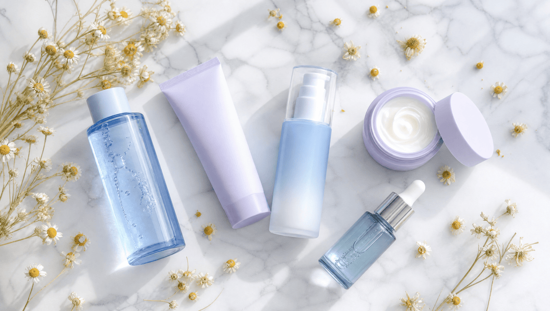 Blue azulene Korean skincare products with chamomile flowers on a marble surface