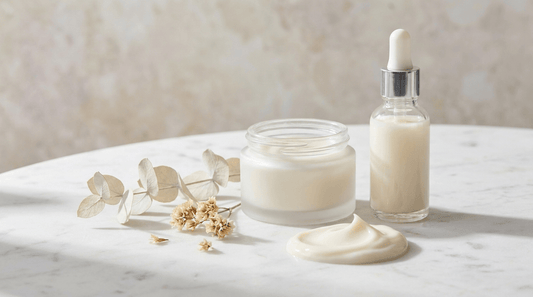 Ceramide barrier cream and serum on a marble surface with soft botanicals, calm editorial K-beauty styling
