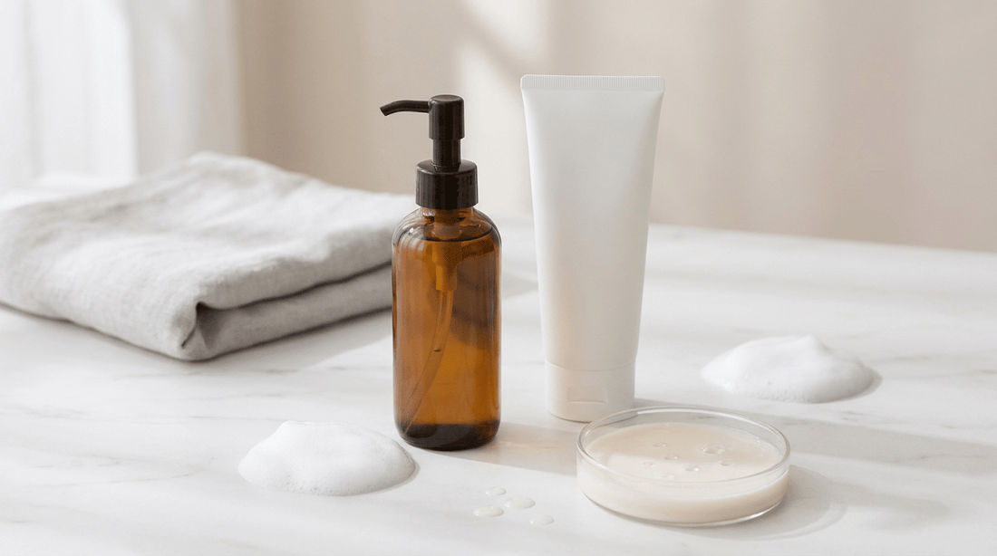 Cleansing oil bottle and gentle foam cleanser on a marble surface — double cleansing for sensitive skin