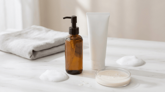 Cleansing oil bottle and gentle foam cleanser on a marble surface — double cleansing for sensitive skin