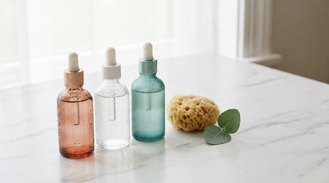 PDRN, peptide, and spicule serums in glass dropper bottles on a marble surface with a natural sea sponge