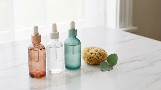 PDRN, peptide, and spicule serums in glass dropper bottles on a marble surface with a natural sea sponge