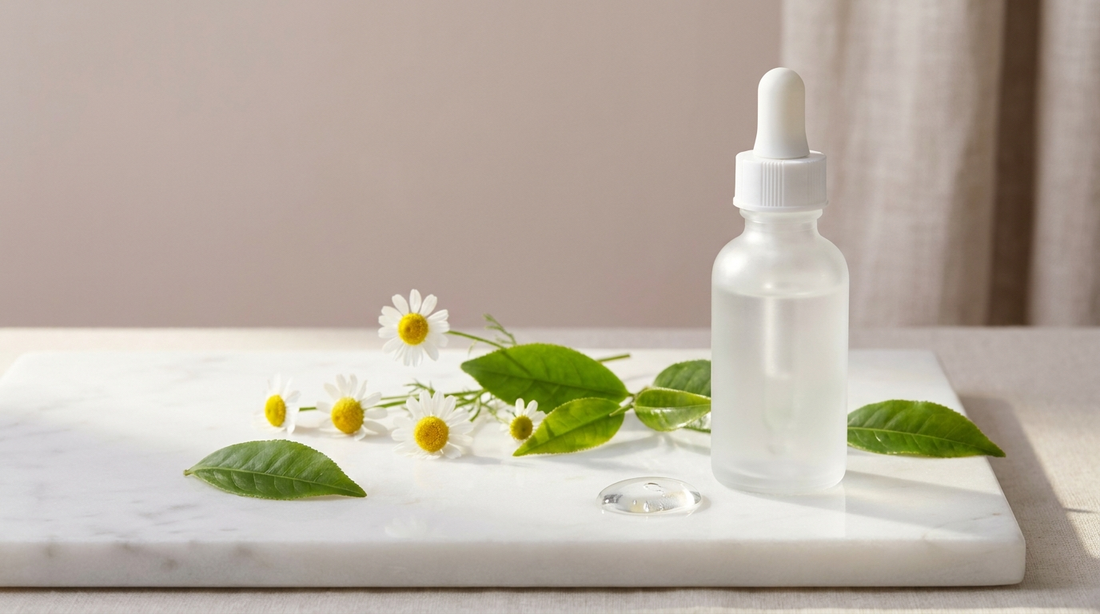 Panthenol provitamin B5 calming serum bottle on marble with green tea leaves and chamomile