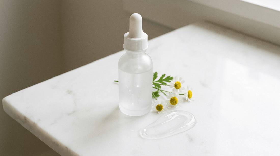 Unbranded niacinamide serum dropper bottle on a white marble surface with chamomile botanicals, calm K-beauty editorial still life