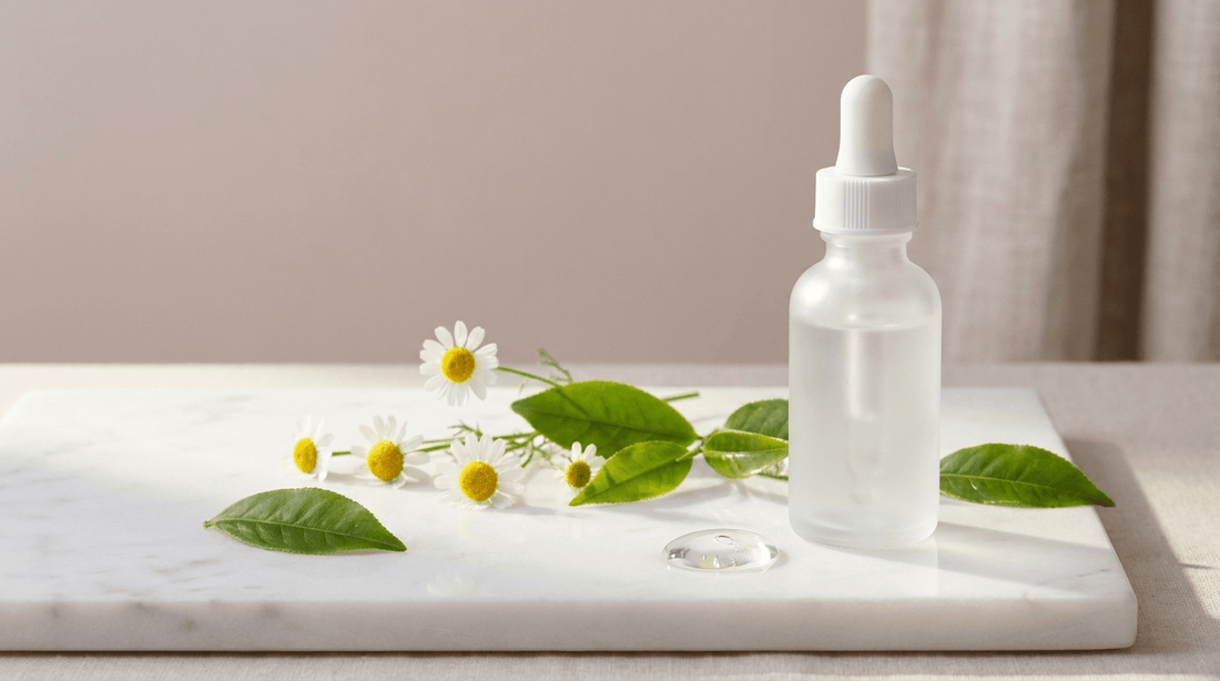 Panthenol provitamin B5 calming serum bottle on marble with green tea leaves and chamomile