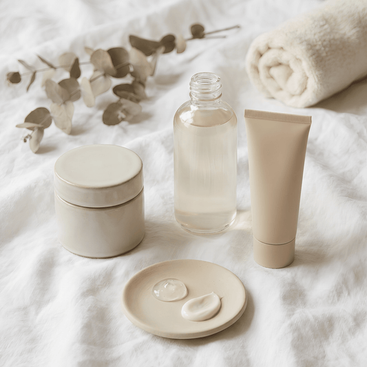 cosmetic products on white cloth