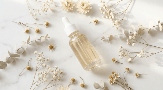 Editorial skincare flatlay with glass serum dropper bottle on white marble surface, soft natural light and cream botanicals