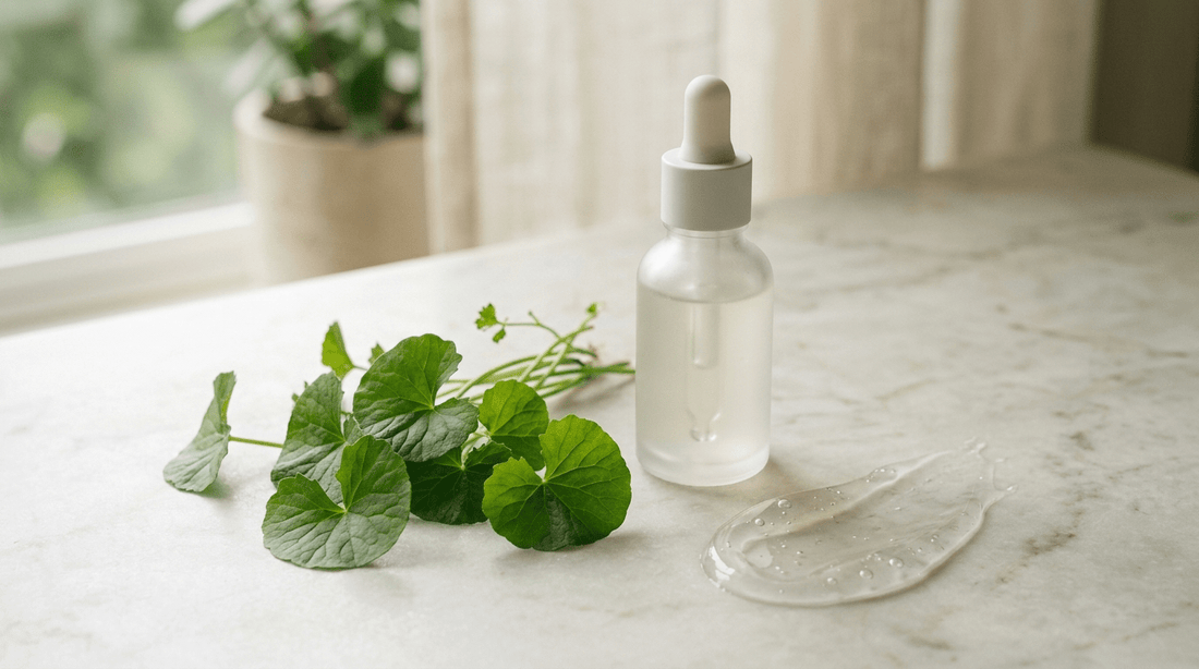 Fresh Centella asiatica (cica) leaves and an unbranded dropper bottle on a marble surface, calming K-beauty skincare for sensitive skin
