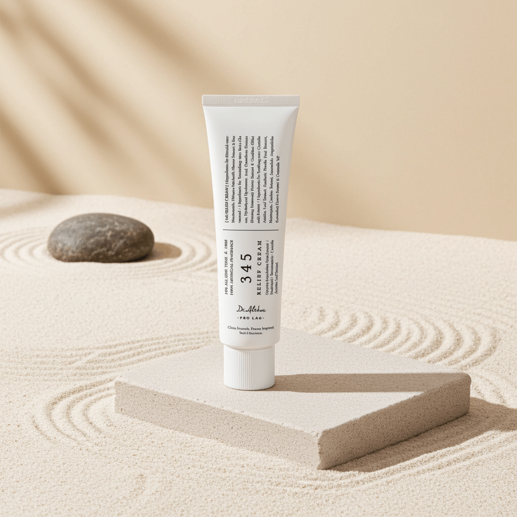 Tube of cream on a sand-like surface with a stone and wooden block