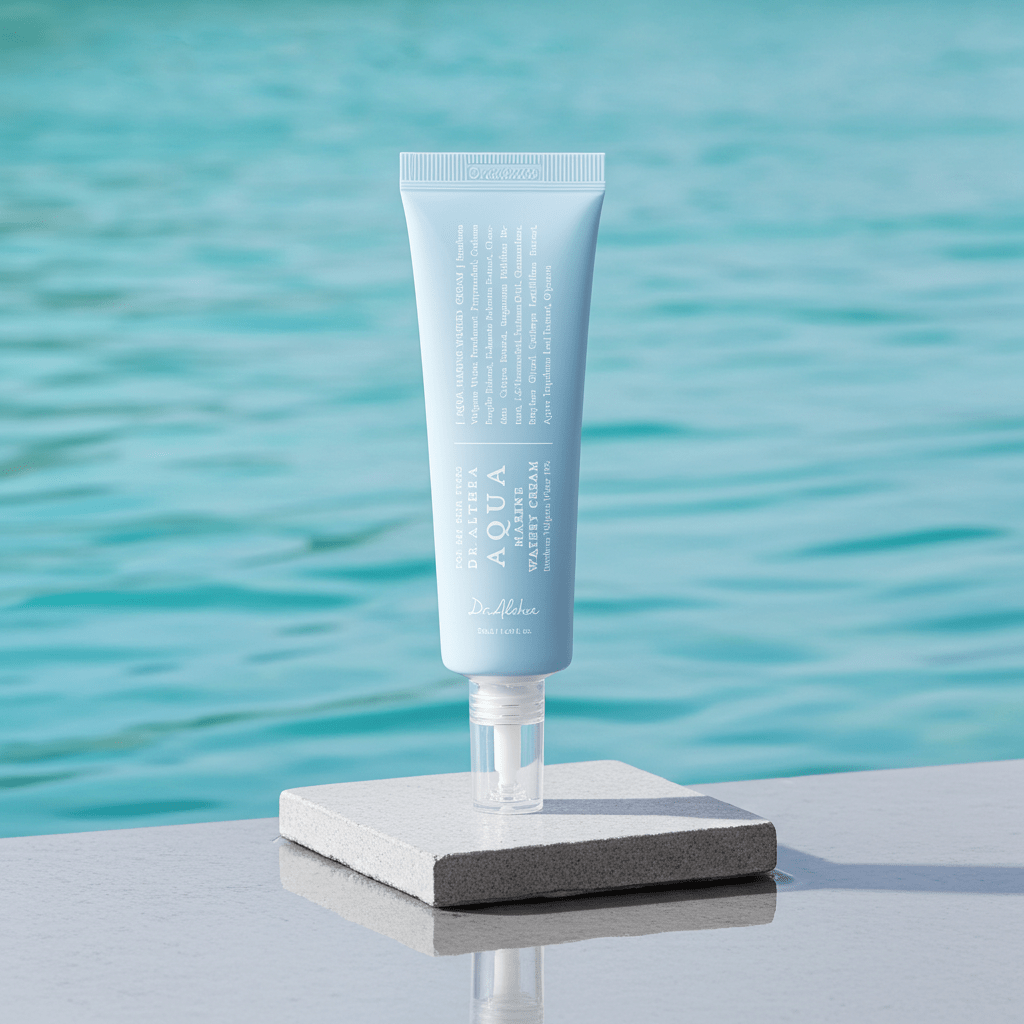 Skincare tube on a stand with a blurred water background