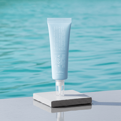 Skincare tube on a stand with a blurred water background