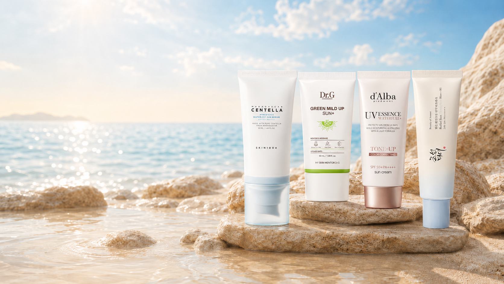 Four skincare products on a rock with a beach background