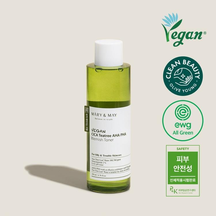 Mary&May Vegan CICA Tea Tree AHA PHA Blemish Toner - 200ml - Komiko Beauty