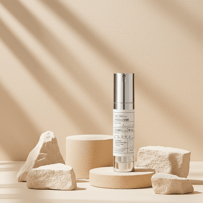 cosmetics jar on stone beige podium